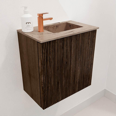 Mondiaz JOYA-DLUX 40cm toiletmeubel - kleur Walnut - Wastafel FAYE positie Rechts 1 kraangat kleur Arena. SW1424301