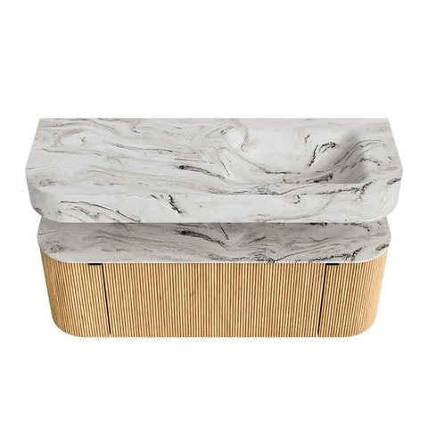 MONDIAZ THOR-DLUX 130cm meuble de salle de bains arrondi gauche + droite couleur Oak avec 1 tiroir et 2 portes. Vasque suspendue CLOUD Droite 1 trou de robinet couleur Glace. SW1463556