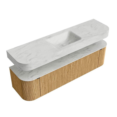 MONDIAZ THOR-DLUX Meuble de salle de bains 170cm arrondi gauche + droite couleur Oak avec 1 tiroir et 2 portes. Vasque suspendue CLOUD Milieu 1 trou de robinet couleur Opalo. SW1465431