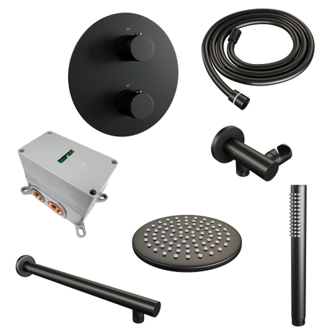 BRAUER Black Edition douche thermostatique encastrée - 3 voies - rond - set 73 - douche principale de 20 cm - bras mural droit - douchette à main - flexible de douche - coude mural - noir mat SW1159202