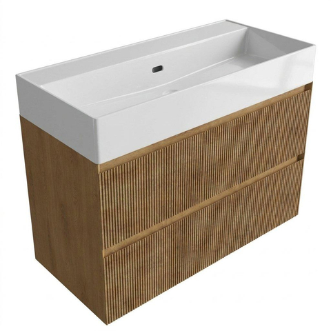 Saniclass Holz Atelier Ensemble meuble de salle de bains - 100x45x72cm - Legend lavabo en céramique blanc - 1 vasque - sans trou de robinet - 2 tiroirs - chêne natural mat (bois) SW1478479