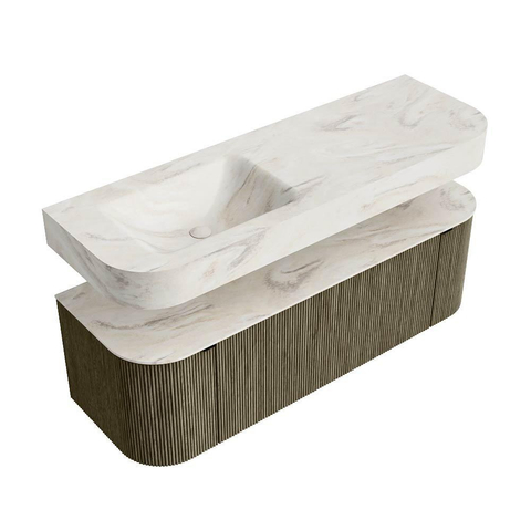 MONDIAZ THOR-DLUX Meuble de salle de bains 140cm arrondi gauche + droite couleur Shadow avec 1 tiroir et 2 portes. Vasque suspendue CLOUD Gauche 1 trou de robinet couleur Ostra. SW1464362