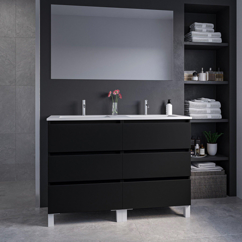 Saniclass Chaci PLUS Meuble de salle de bain - 120x86x46cm - lavabo en céramique blanc - 2 vasques - 2 trous de robinet - 6 tiroirs - miroir rectangulaire - noir mat SW926325