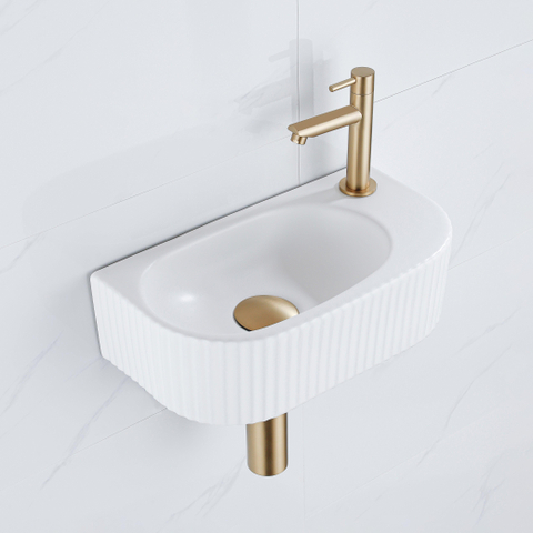 QeramiQ Fuente pack lave-mains – 40 x 21,5 x 12 cm – céramique blanc mat – perçage à droite – cannelé SW1233025