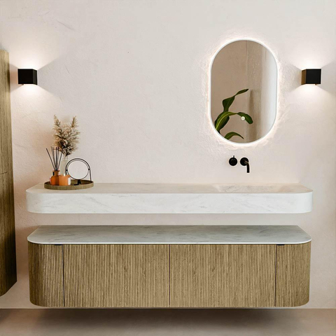 MONDIAZ THOR-DLUX Meuble de salle de bains - 180cm - arrondi gauche + droite - couleur Dusk - 2 tiroirs - 2 portes - Vasque suspendue CLOUD droite sans trou de robinet - couleur Opalo SW1465994