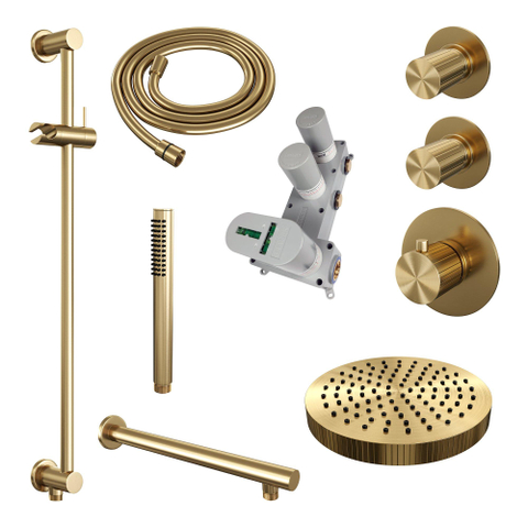 BRAUER Stripe Thermostatische Inbouw Regendouche - SET 07 - 25cm douchekop - rechte muurarm - staaf handdouche - doucheslang - geïntegreerde glijstang - goud geborsteld PVD SW1434841