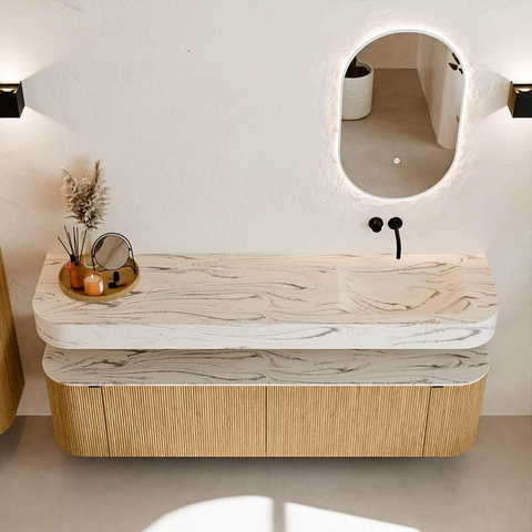 MONDIAZ THOR-DLUX 180cm meuble de salle de bains arrondi gauche + droite couleur Oak avec 2 tiroirs et 2 portes. Vasque suspendue CLOUD Droite sans trou de robinet couleur Nata. SW1466208