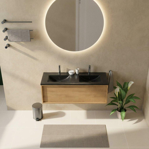 Saniclass Holz Frame Ensemble de meubles de salle de bains - 120x45x42cm - Lavabo en céramique Vygo noir - 2 vasques - 2 trous de robinetterie - 1 tiroir - chêne natural mat (bois) SW1478988