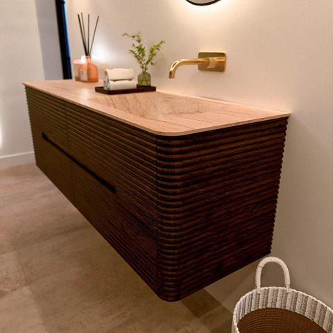 Mondiaz CIRO-DLUX Meuble de salle de bains - 150x45x50cm - Plan vasque Solid surface Saba - 1 lavabo à droite - sans trous de robinetterie - 4 tiroirs - Noyer SW1530704
