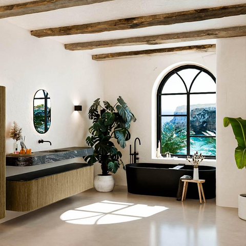 MONDIAZ THOR-DLUX 200cm meuble de salle de bains arrondi gauche + droite couleur Dusk avec 2 tiroirs et 2 portes. Vasque suspendue CLOUD Milieu sans trou de robinet couleur Lava. SW1466854
