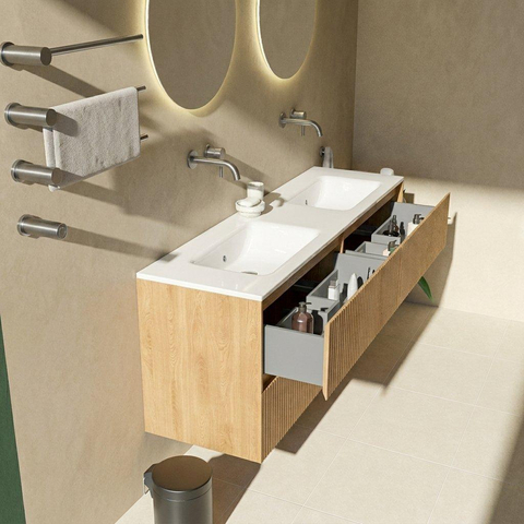 Saniclass Holz Atelier Badkamermeubelset - 160x45x62cm - Vygo keramische wastafel wit - 2 wasbakken - zonder kraangaten - 4 lades - mat eiken natural (hout) SW1479082