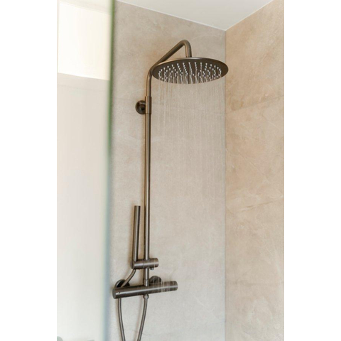Fortifura Calvi Regendoucheset - thermostatisch - 25cm - hoofddouche - metalen slang - staaf handdouche - PVD - geborsteld gunmetal (antraciet) SW1204408