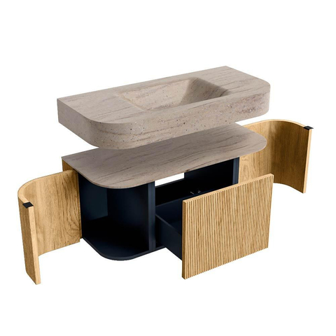 MONDIAZ THOR-DLUX 100cm badmeubel ronding links + rechts kleur Oak met 1 lade en 2 deuren. Vrijhangende wastafel CLOUD Midden zonder kraangat kleur Saba. SW1467550