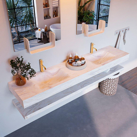 Mondiaz ALAN-DLUX Ensemble de meuble - 200cm - meuble Ostra mat - 0 tiroirs - Lavabo Cloud Ostra suspendu - vasque Gauche et droite - 2 trous de robinet SW809222