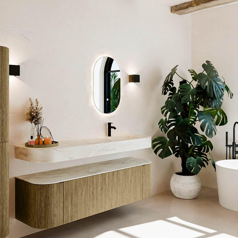 MONDIAZ THOR-DLUX 160cm meuble de salle de bains arrondi gauche + droite couleur Dusk avec 1 tiroir et 2 portes. Vasque suspendue CLOUD Droite 1 trou de robinet couleur Ostra. SW1465226