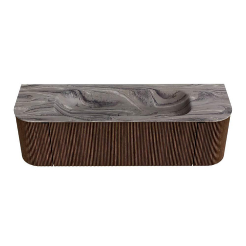 MONDIAZ KURVE-DLUX 150cm badmeubel ronding Links + Rechts kleur Walnut met 1 lade en 2 deuren. Wastafel BIG MEDIUM Midden zonder kraangat Sombra. SW1433667