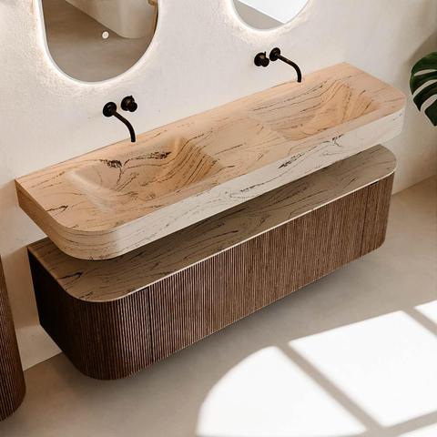 MONDIAZ THOR-DLUX 160cm meuble de salle de bains arrondi gauche + droite couleur Walnut avec 1 tiroir et 2 portes. Vasque suspendue CLOUD Double sans trou de robinet couleur Arena. SW1465144