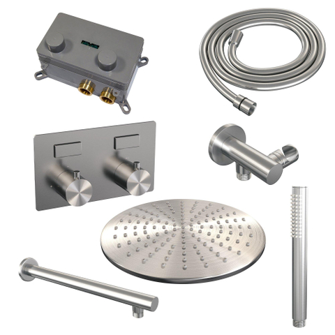 BRAUER Brushed Edition Douche de pluie thermostatique encastrée - boutons poussoirs - SET 50 - pomme de douche 30cm - bras mural droit - douchette barre - flexible de douche - coude de raccord mural - inox brossé PVD SW925474