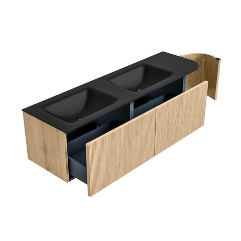 MONDIAZ KURVE 155cm badmeubel met module 25 R kleur Oak met 2 lades en 1 deur. Wastafel CLOUD dubbel / links zonder kraangat Urban. SW1138408