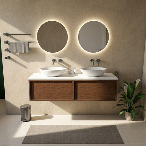 Saniclass Holz Frame Ensemble de meubles de salle de bains - 160x45x42.5cm - plan Torino en Solid Surface blanc - sans trou de robinet - 2 tiroirs - mat walnut pure (bois) SW1478834