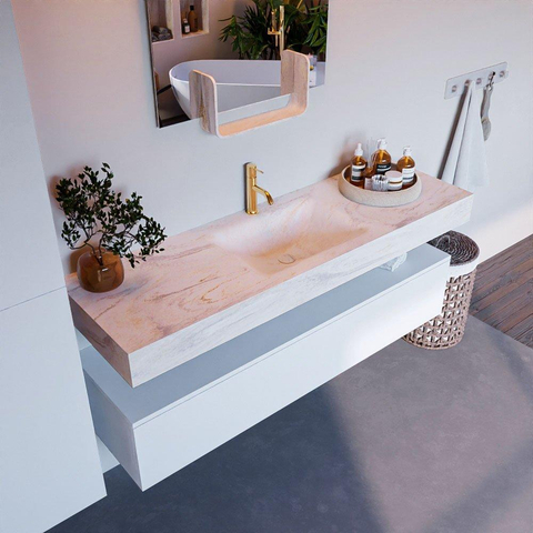 Mondiaz ALAN-DLUX Ensemble de meuble - 150cm - meuble Talc mat - 1 tiroir - Lavabo Cloud Ostra suspendu - vasque Centre - 1 trou de robinet SW806807