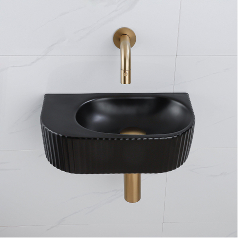 QeramiQ Fuente Ensemble de Lavabo - 40x21.5x12cm - strié - demi-rond - céramique - ensemble de robinet en laiton brossé - bouchon de vidange - siphon réduit - noir mat SW1233112