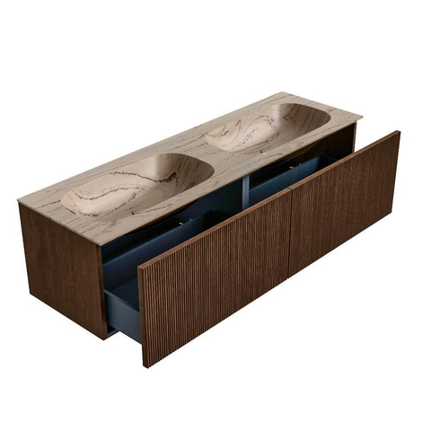 MONDIAZ KURVE-DLUX Meuble de salle de bains 150 cm couleur Walnut avec 2 tiroirs et 0 portes. Plan-vasque STOR SMALL Double sans trou de robinet Arena. SW1431283