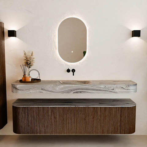 MONDIAZ THOR-DLUX 180cm badmeubel ronding links + rechts kleur Walnut met 2 lades en 2 deuren. Vrijhangende wastafel CLOUD Midden zonder kraangat kleur Sombra. SW1466277