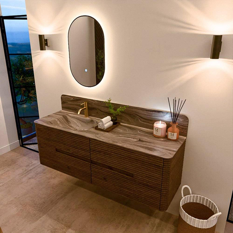 Mondiaz CIRO-DLUX Badkamermeubelset - 150x45x50cm - Solid surface wastafel Sombra - 1 wasbak Links - 1 kraangat - 4 lades - Dusk SW1533404