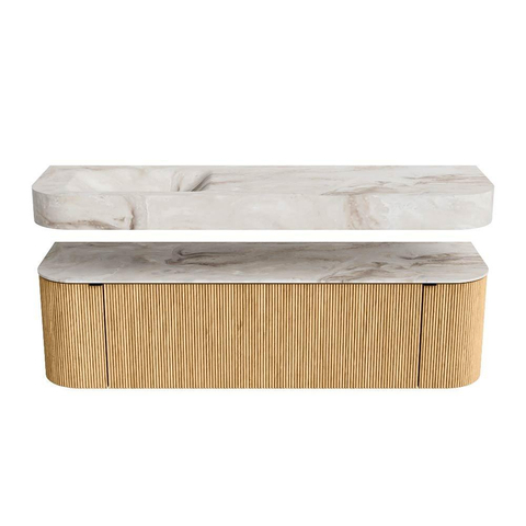 MONDIAZ THOR-DLUX 160cm badmeubel ronding links + rechts kleur Oak met 1 lade en 2 deuren. Vrijhangende wastafel CLOUD Links 1 kraangat kleur Frappe. SW1464943