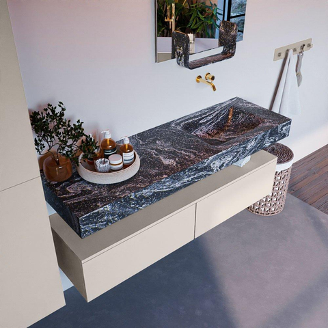 Mondiaz ALAN-DLUX Ensemble de meuble - 150cm - meuble Linen mat - 2 tiroirs - Lavabo Cloud Lava suspendu - vasque Droite - 0 trous de robinet SW808411
