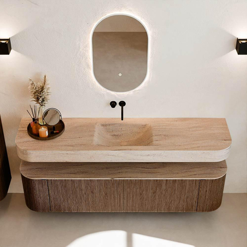 MONDIAZ THOR-DLUX 180cm badmeubel ronding links + rechts kleur Walnut met 2 lades en 2 deuren. Vrijhangende wastafel CLOUD Midden zonder kraangat kleur Saba. SW1466242