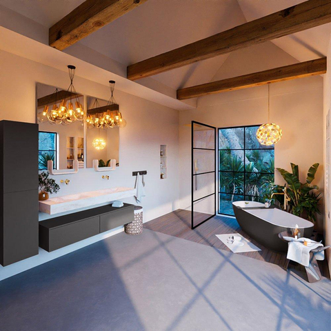 Mondiaz ALAN-DLUX Ensemble de meuble - 150cm - meuble Dark grey mat - 2 tiroirs - Lavabo Cloud Ostra suspendu - vasque gauche et droite - 0 trous de robinet SW807427