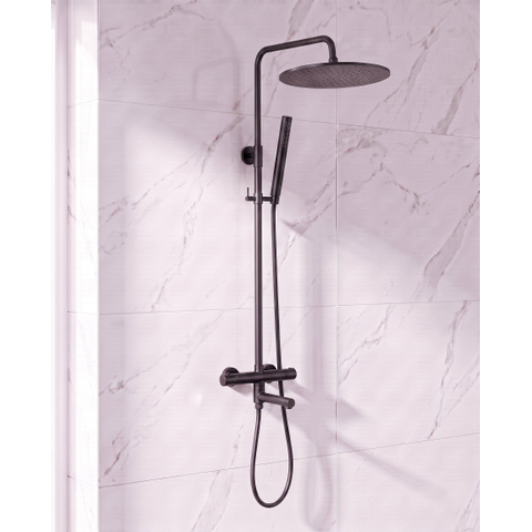 FugaFlow Eccelente Sobrado Ensemble de douche pluie - thermostatique - douche de tête 25 cm - flexible lisse - douchette bâton - bec de baignoire pivotant - noir mat SW1592801