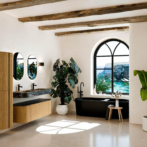 MONDIAZ THOR-DLUX 140cm badmeubel ronding links + rechts kleur Oak met 1 lade en 2 deuren. Vrijhangende wastafel CLOUD Dubbel 2 kraangaten kleur Lava. SW1463925