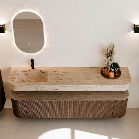 MONDIAZ THOR-DLUX 190cm meuble de salle de bains arrondi gauche + droite couleur Walnut avec 2 tiroirs et 2 portes. Vasque suspendue CLOUD gauche 1 trou de robinet couleur Arena. SW1466599