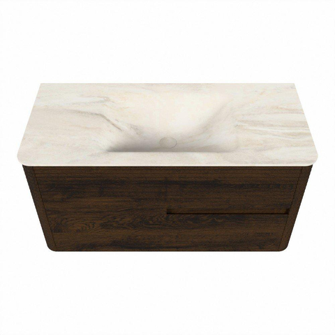 Mondiaz CIRO-DLUX Ensemble de meubles de salle de bains - 100x45x50cm - Plan vasque solid surface Ostra - 1 lavabo au milieu - sans trous de robinet - 2 tiroirs - Noyer SW1530378