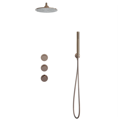 Fortifura Nebbio Ensemble de douche pluie - robinet encastré - élément encastré - coude mural de raccordement - flexible de douche métal - douchette à main barre - bras mural 35cm - pomme de douche ronde 25cm - cuivre brossé PVD SW1481439