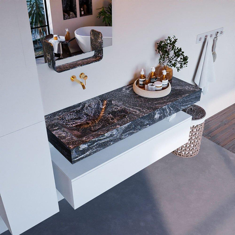 Mondiaz ALAN-DLUX Ensemble de meuble - 130cm - meuble Talc mat - 1 tiroir - Lavabo Cloud Lava suspendu - vasque gauche - 0 trous de robinet SW807947
