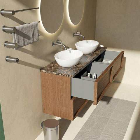 Saniclass Holz Frame Badkamermeubelset - 140x45x63cm - Noche natuurstenen topblad dark emperador - zonder kraangat - 4 lades - glans walnut pure (hout) SW1579948