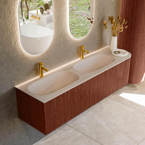 MONDIAZ KURVE-DLUX 165cm meuble de salle de bains avec arrondi à droite couleur Ruby avec 2 tiroirs et 1 porte. Lavabo STOR SMALL Double / Gauche 2 trous de robinet Meli. SW1432017