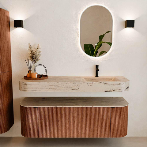 MONDIAZ THOR-DLUX 140cm meuble de salle de bains arrondi gauche + droite couleur Ruby avec 1 tiroir et 2 portes. Vasque suspendue CLOUD Droite 1 trou de robinet couleur Arena. SW1464484