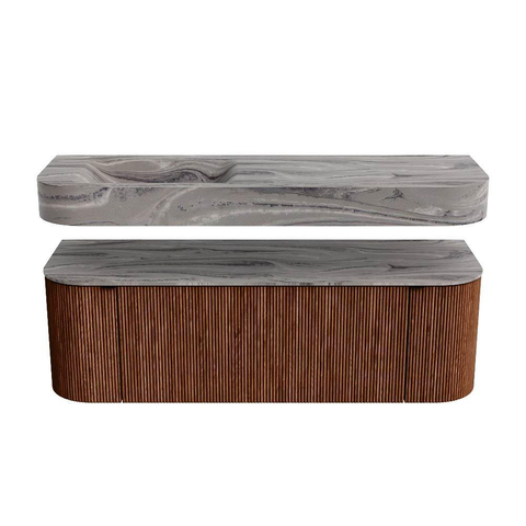 MONDIAZ THOR-DLUX 140cm badmeubel ronding links + rechts kleur Ruby met 1 lade en 2 deuren. Vrijhangende wastafel CLOUD Links zonder kraangat kleur Sombra. SW1464257