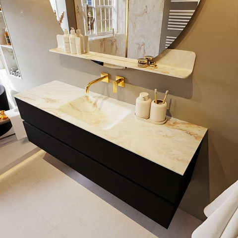 MONDIAZ VICA-DLUX Ensemble meuble de salle de bains - 150cm - meuble bas Urban - 2 tiroirs - vasque encastrée Cloud centrale - sans trous de robinet - version haute 60cm - Frappe SW1088653