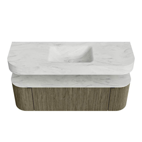 MONDIAZ THOR-DLUX Meuble de salle de bains 140cm arrondi gauche + droite couleur Shadow avec 1 tiroir et 2 portes. Vasque suspendue CLOUD Milieu sans trou de robinet couleur Opalo. SW1464152