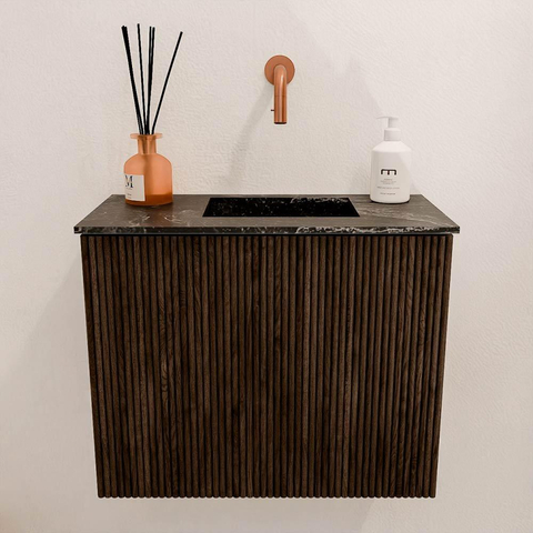 Mondiaz JOYA-DLUX 50cm meuble de salle de bains - couleur Walnut - Vasque FAYE position Droite Sans trou de robinet couleur Lava. SW1422428