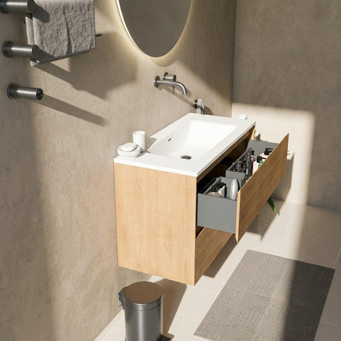 Saniclass Holz Pure Badkamermeubelset - 100x45x77.5cm - Torino solid surface wastafel wit - zonder kraangat - 2 lades - mat eiken natural (hout) SW1478666