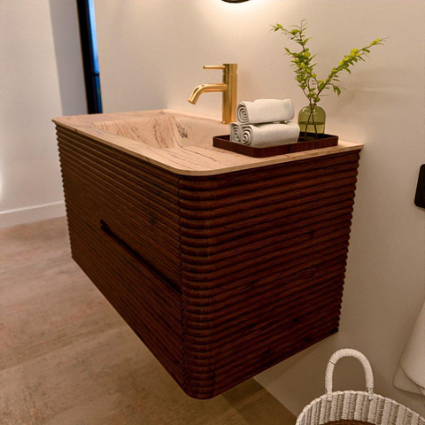 Mondiaz CIRO-DLUX Meuble de salle de bains - 90x45x50cm - Plan vasque solid surface Arena - 1 lavabo au milieu - 1 trou de robinet - 2 tiroirs - Ruby SW1531720