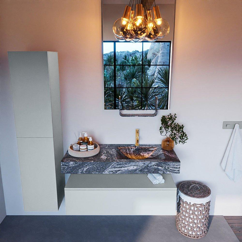 Mondiaz ALAN-DLUX Ensemble de meuble - 110cm - meuble Clay mat - 1 tiroir - Lavabo Cloud Lava suspendu - vasque Droite - 1 trou de robinet SW808689