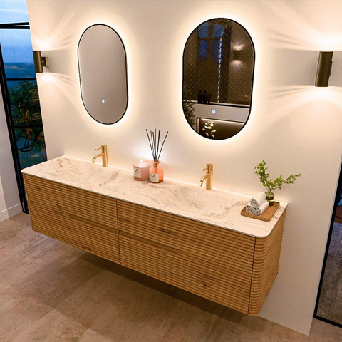 Mondiaz CIRO-DLUX Badkamermeubelset - 190x45x50cm - Solid surface wastafel Frappe - 2 wasbak Dubbel - 2 kraangaten - 4 lades - Oak SW1530786